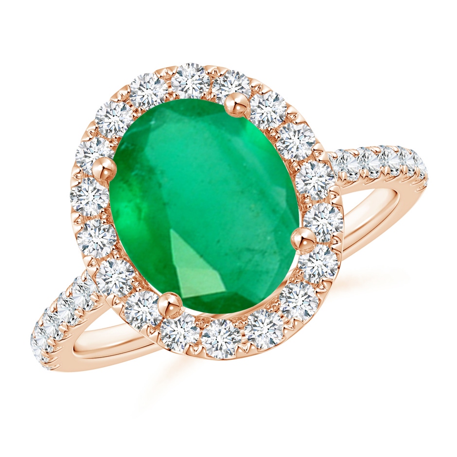 10x8mm A Oval Emerald Halo Ring with Diamond Accents in Rose Gold 