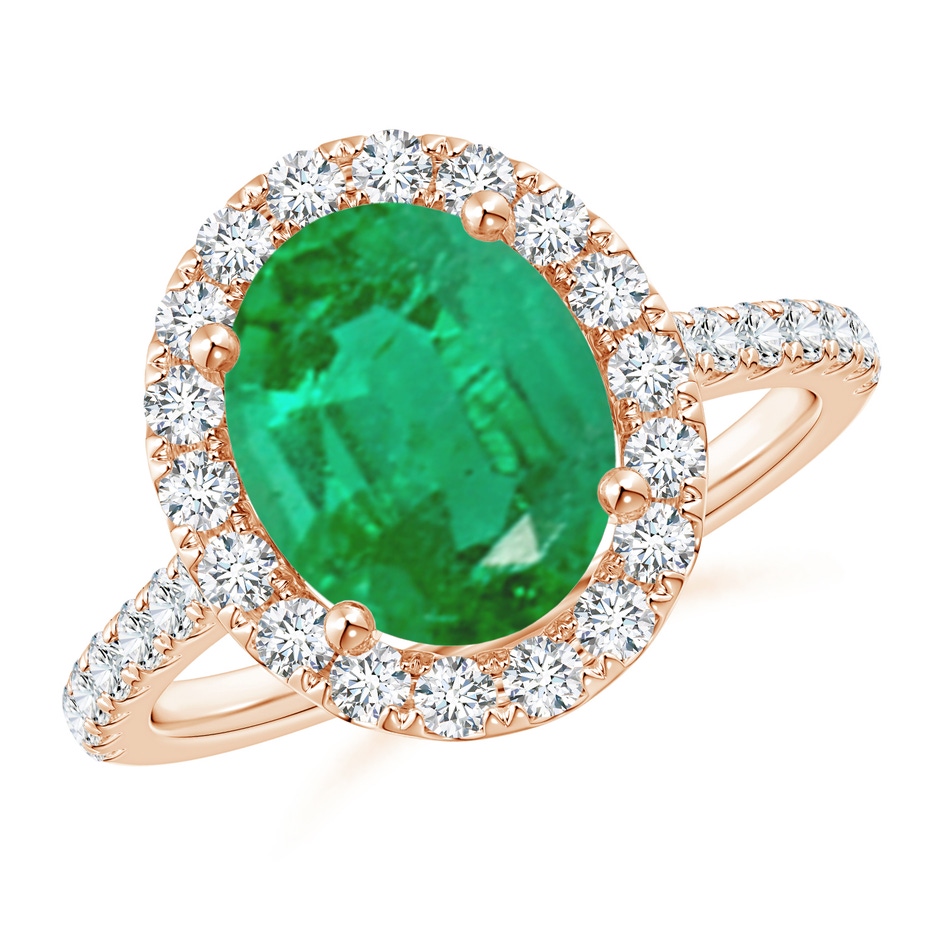 10x8mm AA Oval Emerald Halo Ring with Diamond Accents in Rose Gold 