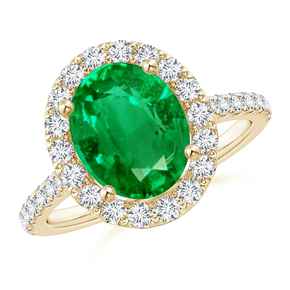 10x8mm AAA Oval Emerald Halo Ring with Diamond Accents in Yellow Gold 