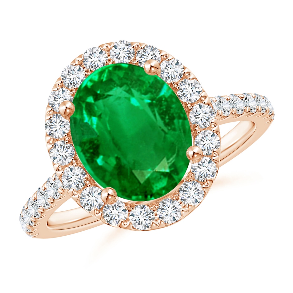 10x8mm AAAA Oval Emerald Halo Ring with Diamond Accents in Rose Gold 