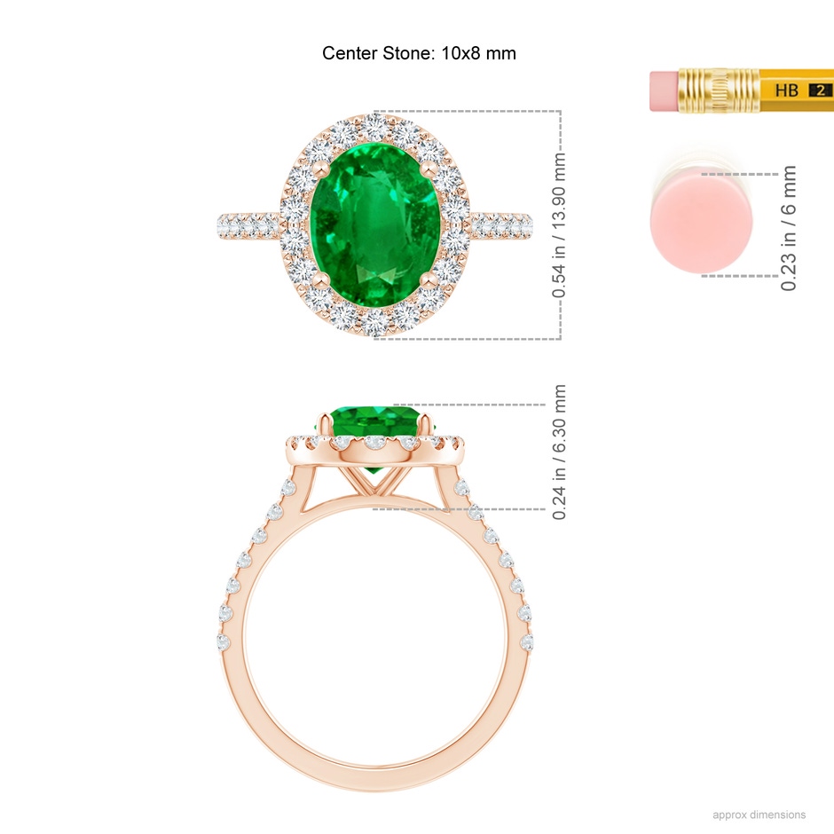 10x8mm AAAA Oval Emerald Halo Ring with Diamond Accents in Rose Gold ruler