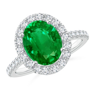 10x8mm AAAA Oval Emerald Halo Ring with Diamond Accents in White Gold
