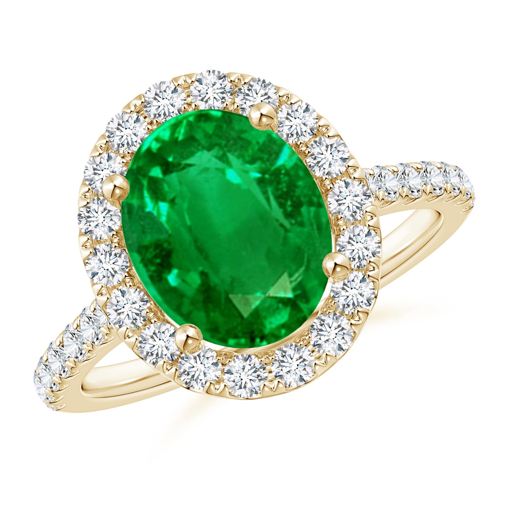 10x8mm AAAA Oval Emerald Halo Ring with Diamond Accents in Yellow Gold
