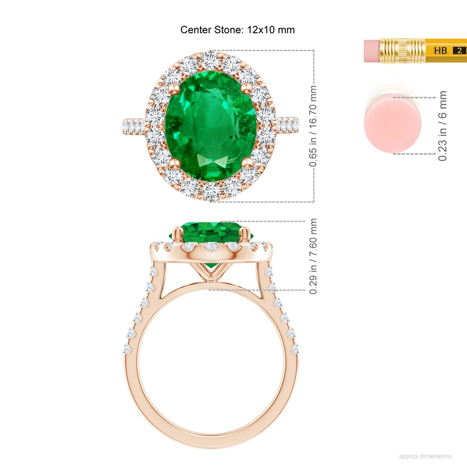 12x10mm AAA Oval Emerald Halo Ring with Diamond Accents in Rose Gold ruler