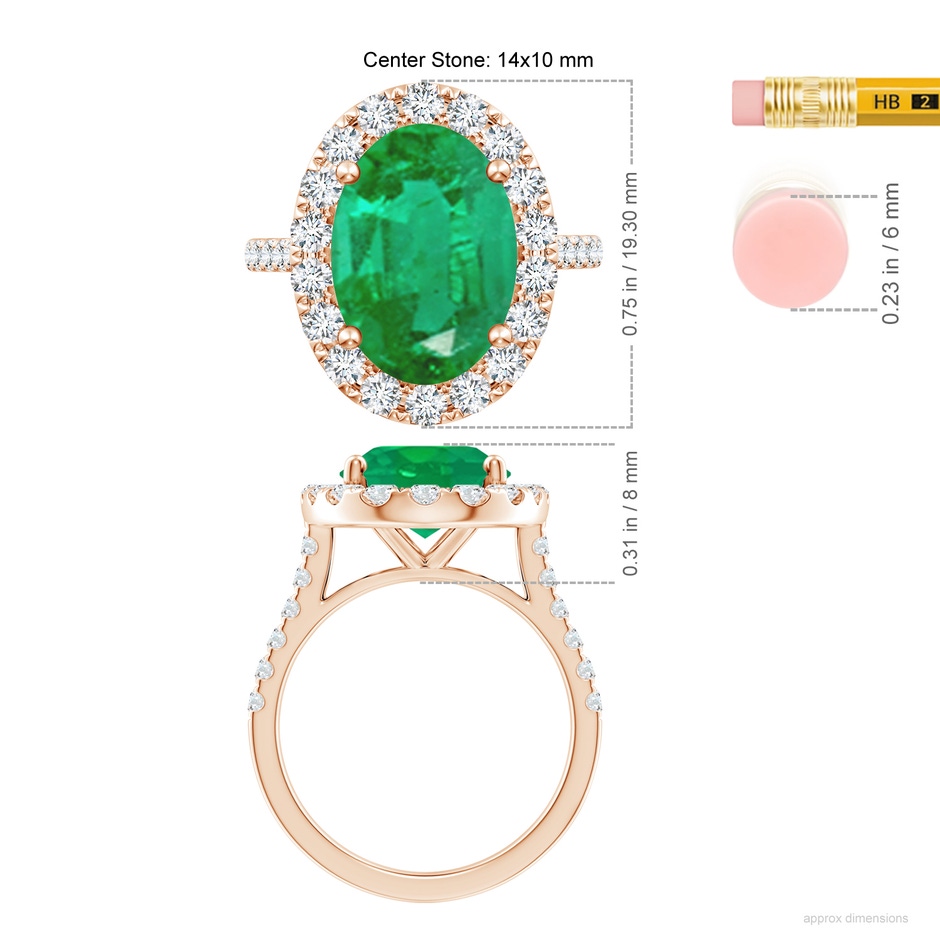 14x10mm AA Oval Emerald Halo Ring with Diamond Accents in Rose Gold ruler
