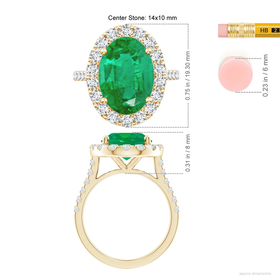 14x10mm AA Oval Emerald Halo Ring with Diamond Accents in Yellow Gold ruler