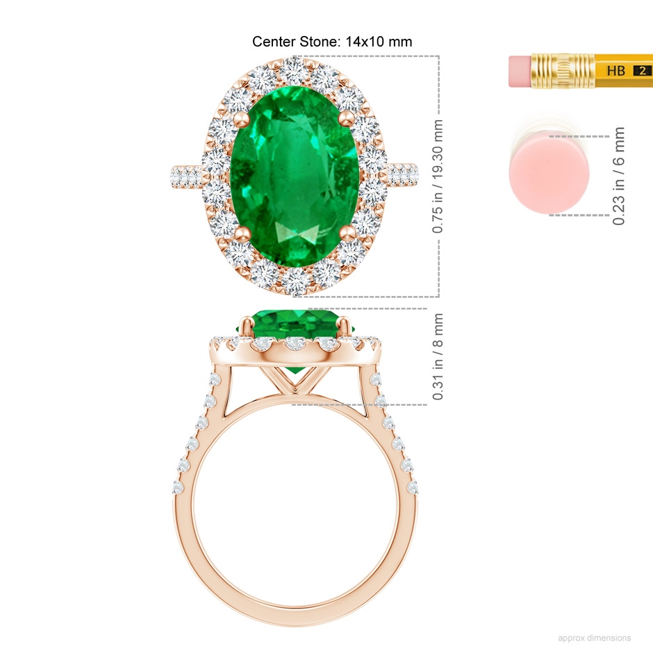 14x10mm AAA Oval Emerald Halo Ring with Diamond Accents in Rose Gold ruler