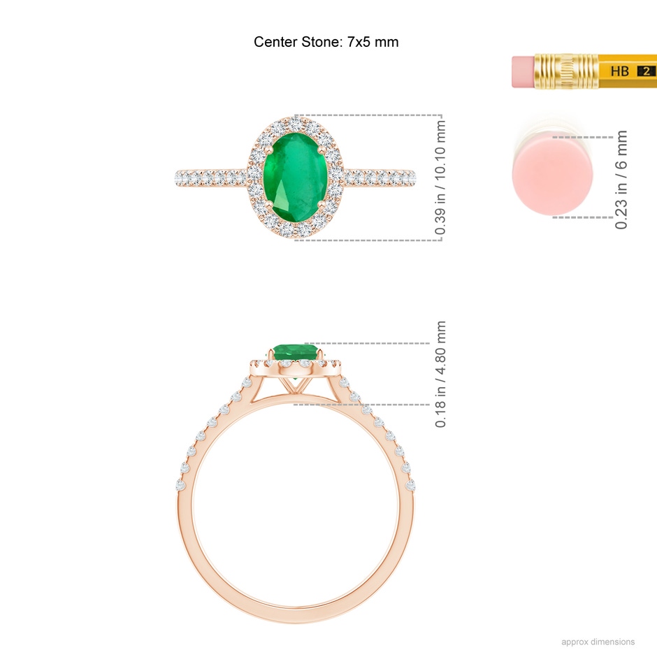 7x5mm A Oval Emerald Halo Ring with Diamond Accents in Rose Gold ruler