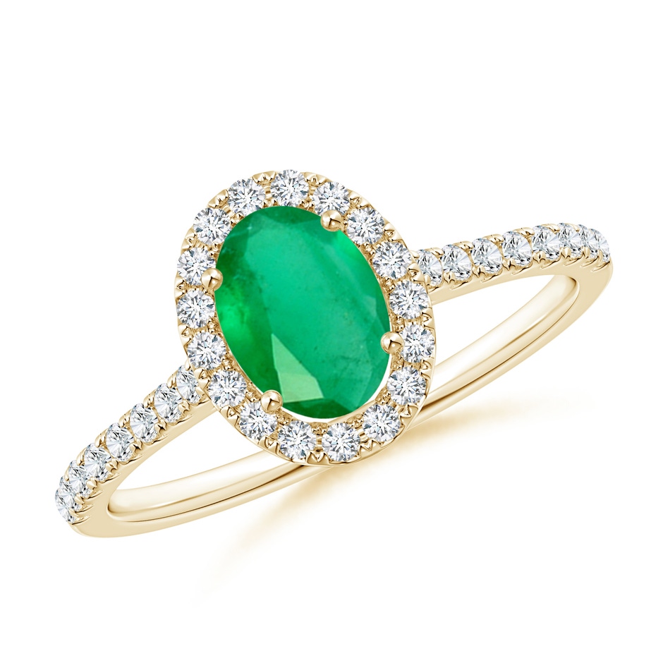 7x5mm A Oval Emerald Halo Ring with Diamond Accents in Yellow Gold 