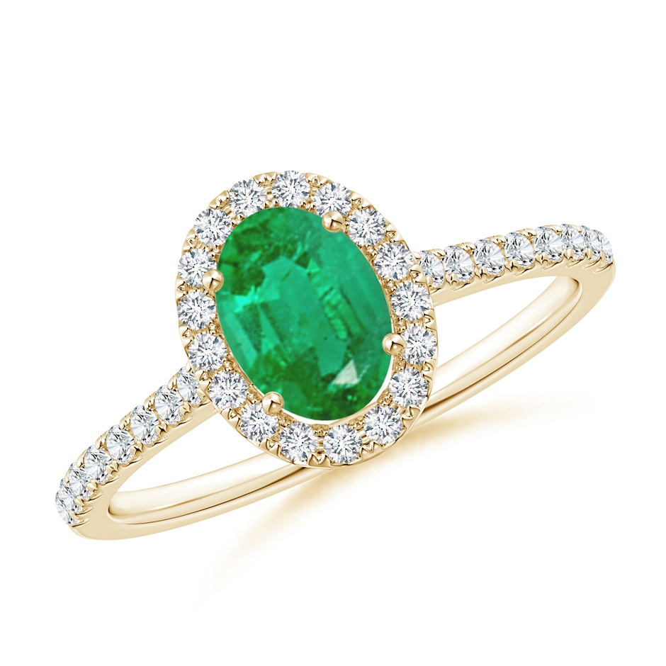 7x5mm AA Oval Emerald Halo Ring with Diamond Accents in Yellow Gold 