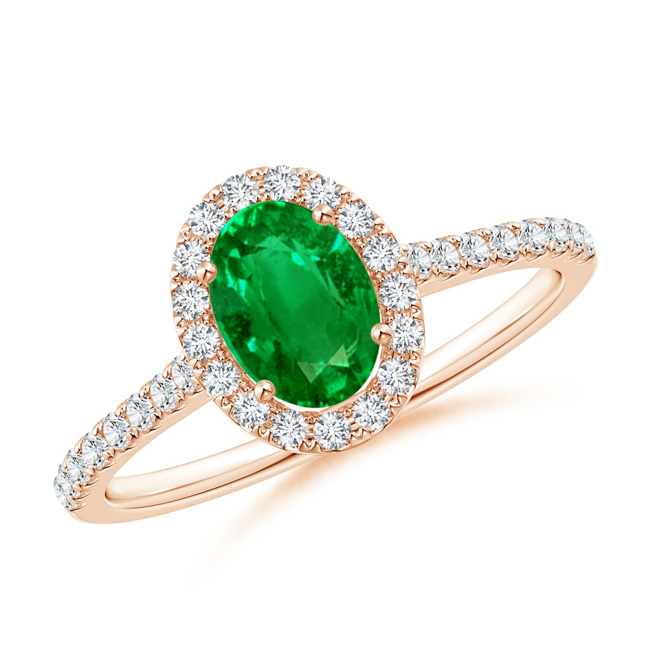 7x5mm AAAA Oval Emerald Halo Ring with Diamond Accents in Rose Gold 