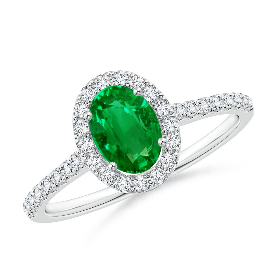 7x5mm AAAA Oval Emerald Halo Ring with Diamond Accents in White Gold 