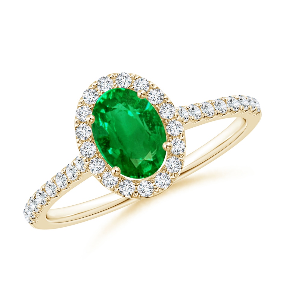 7x5mm AAAA Oval Emerald Halo Ring with Diamond Accents in Yellow Gold 
