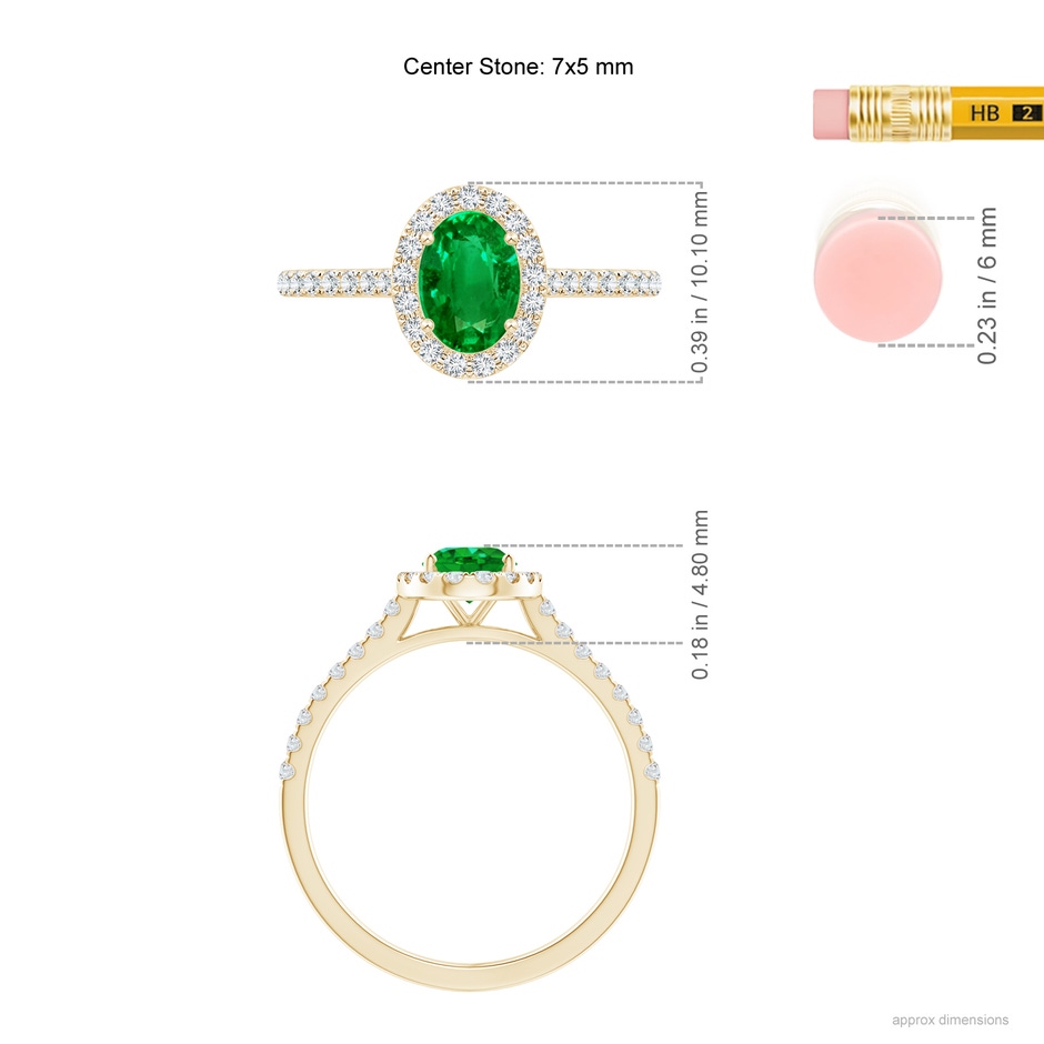 7x5mm AAAA Oval Emerald Halo Ring with Diamond Accents in Yellow Gold ruler