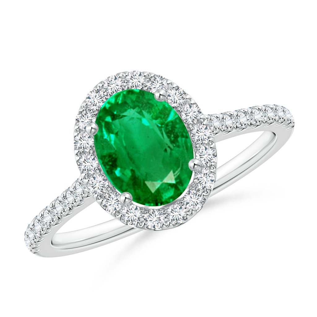 8x6mm AAA Oval Emerald Halo Ring with Diamond Accents in White Gold