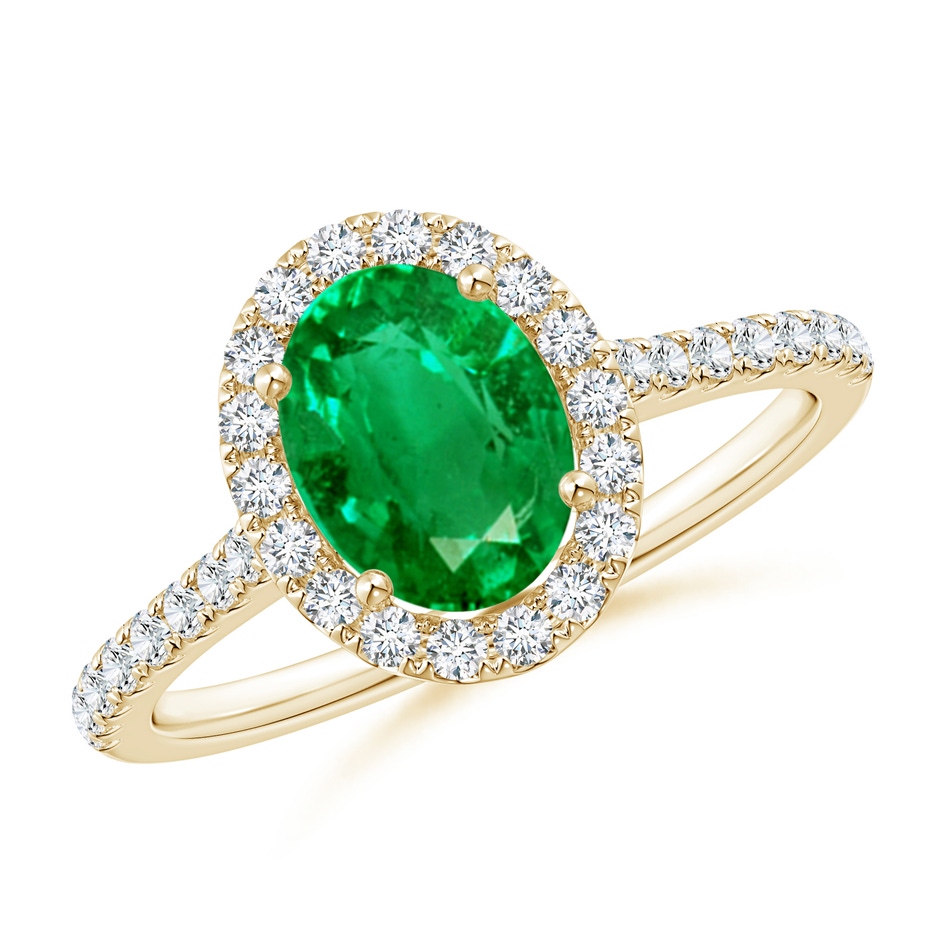 8x6mm AAA Oval Emerald Halo Ring with Diamond Accents in Yellow Gold 