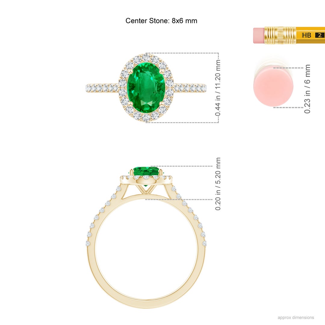 8x6mm AAA Oval Emerald Halo Ring with Diamond Accents in Yellow Gold - ruler