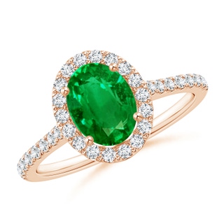 8x6mm AAAA Oval Emerald Halo Ring with Diamond Accents in Rose Gold