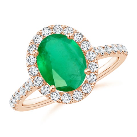 9x7mm A Oval Emerald Halo Ring with Diamond Accents in Rose Gold