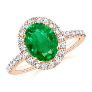 9x7mm AAA Oval Emerald Halo Ring with Diamond Accents in Rose Gold