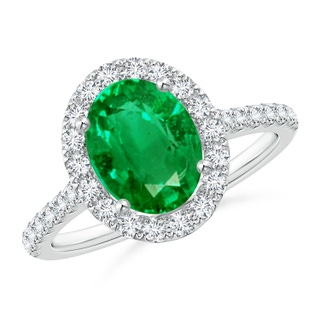 9x7mm AAA Oval Emerald Halo Ring with Diamond Accents in White Gold