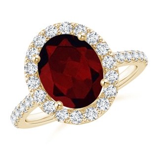 10x8mm A Oval Garnet Halo Ring with Diamond Accents in 9K Yellow Gold