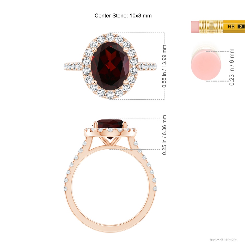 10x8mm A Oval Garnet Halo Ring with Diamond Accents in Rose Gold ruler