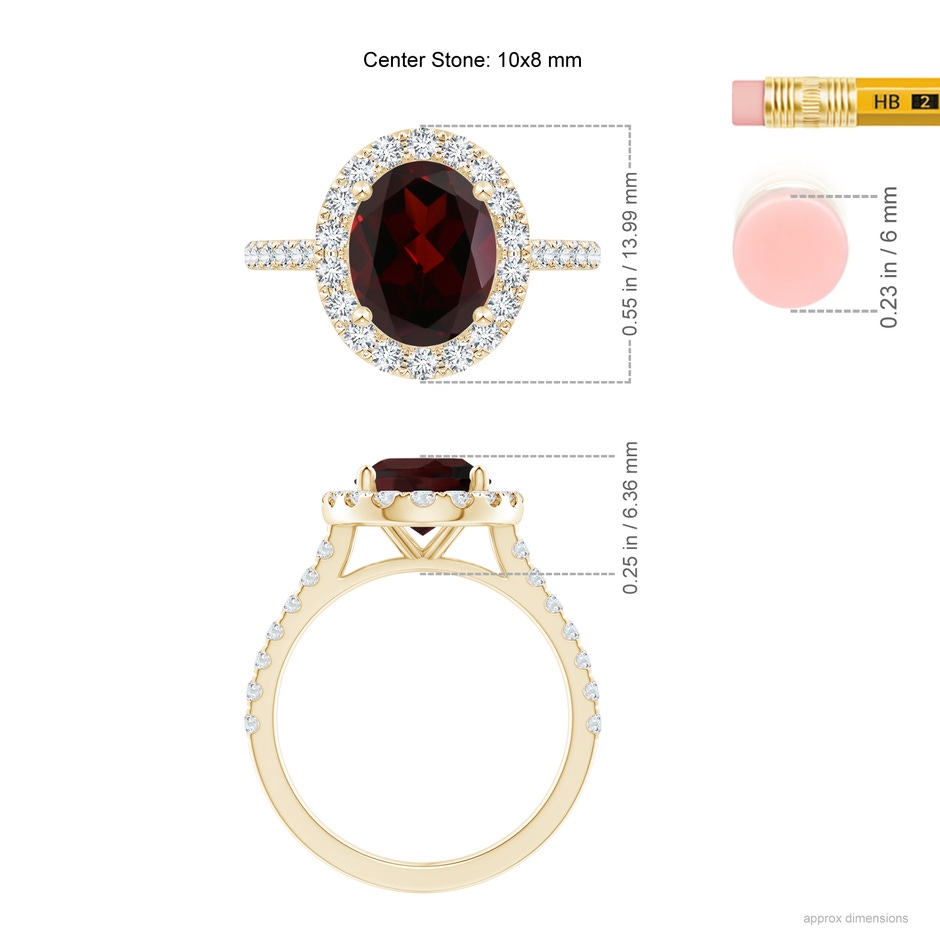 10x8mm A Oval Garnet Halo Ring with Diamond Accents in Yellow Gold ruler