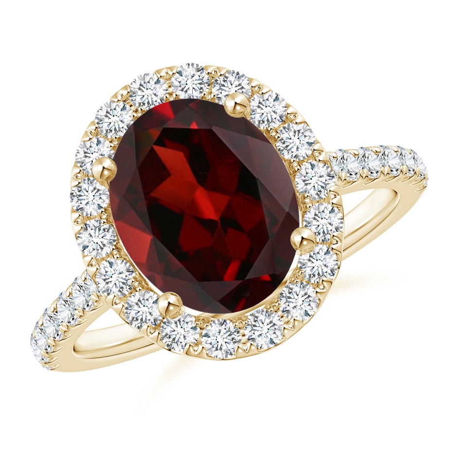 10x8mm AAA Oval Garnet Halo Ring with Diamond Accents in Yellow Gold 