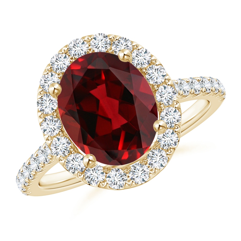 10x8mm AAAA Oval Garnet Halo Ring with Diamond Accents in Yellow Gold 