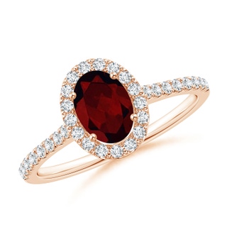 7x5mm A Oval Garnet Halo Ring with Diamond Accents in 9K Rose Gold
