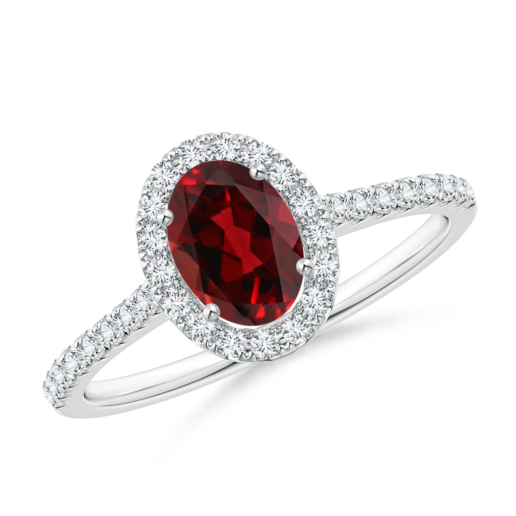 7x5mm AAAA Oval Garnet Halo Ring with Diamond Accents in White Gold