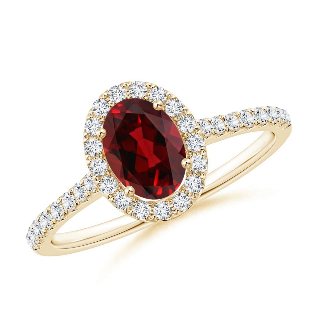 7x5mm AAAA Oval Garnet Halo Ring with Diamond Accents in Yellow Gold