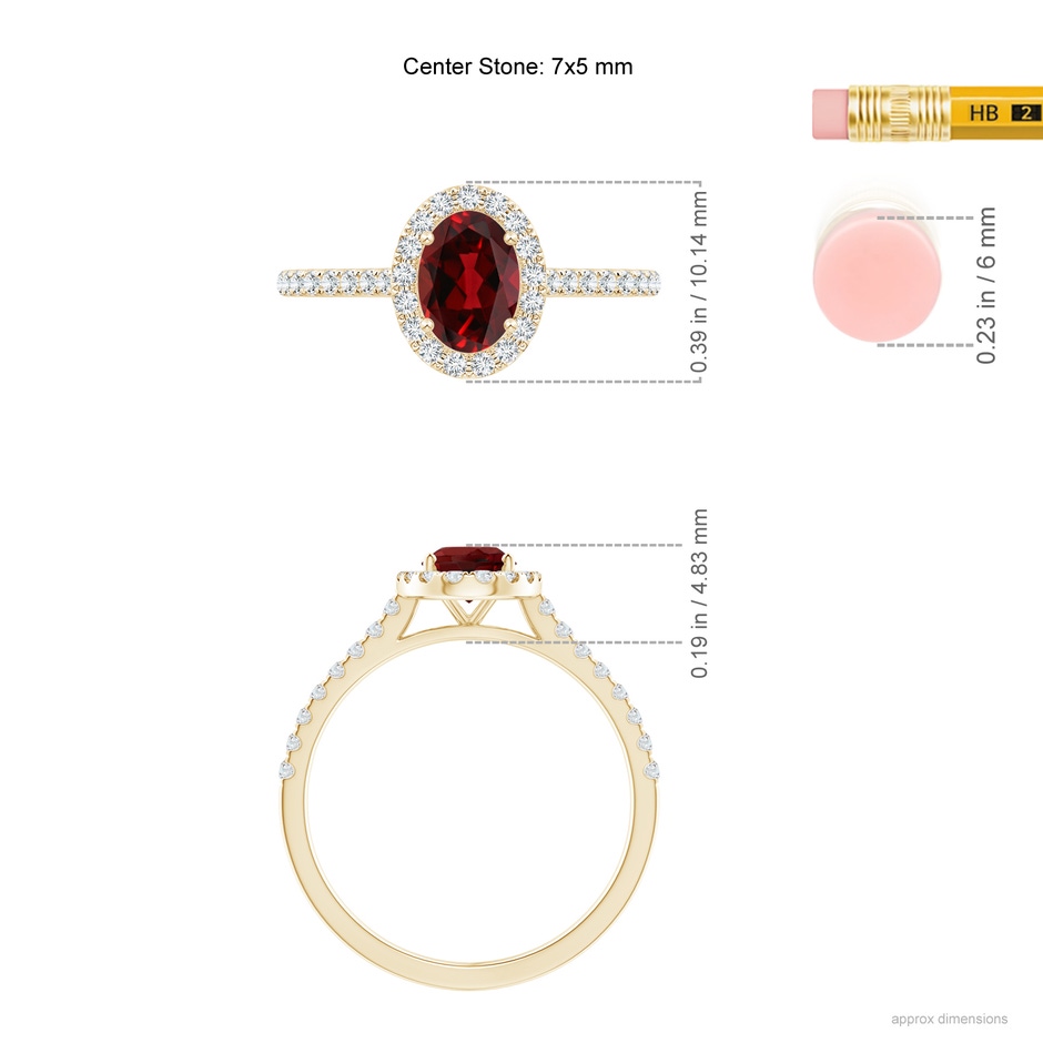 7x5mm AAAA Oval Garnet Halo Ring with Diamond Accents in Yellow Gold ruler