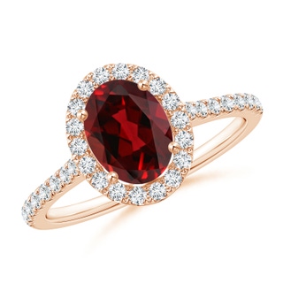 8x6mm AAAA Oval Garnet Halo Ring with Diamond Accents in Rose Gold