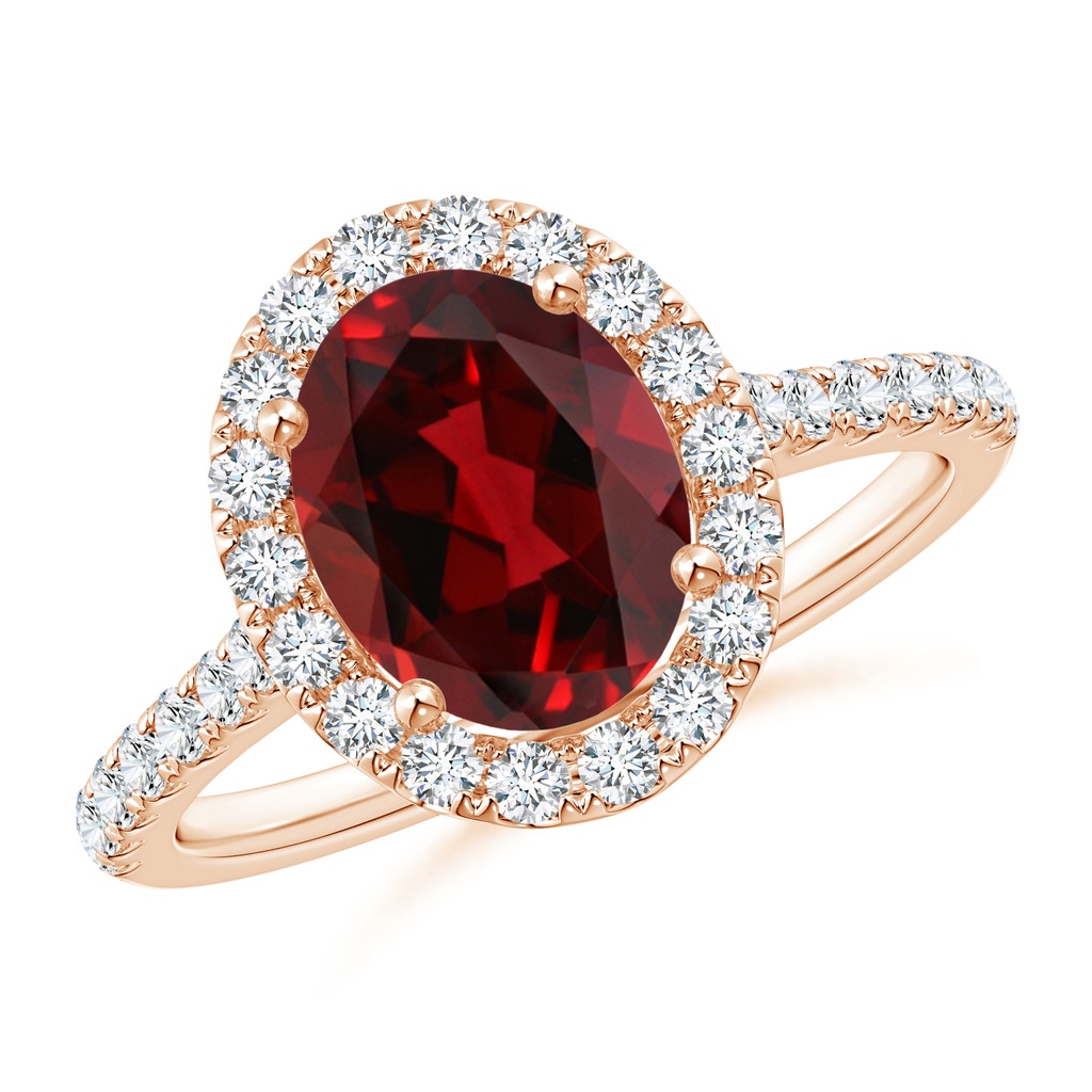 9x7mm AAAA Oval Garnet Halo Ring with Diamond Accents in Rose Gold