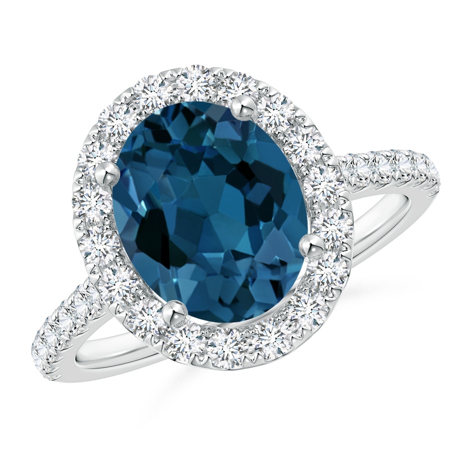 10x8mm AAA Prong-Set Oval London Blue Topaz Halo Ring with Diamond Accents in White Gold 