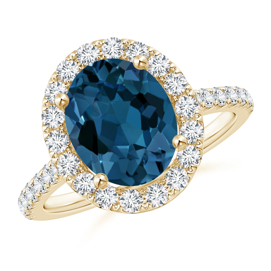 10x8mm AAA Prong-Set Oval London Blue Topaz Halo Ring with Diamond Accents in Yellow Gold 
