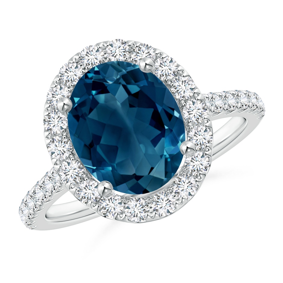 10x8mm AAAA Prong-Set Oval London Blue Topaz Halo Ring with Diamond Accents in 18K White Gold 