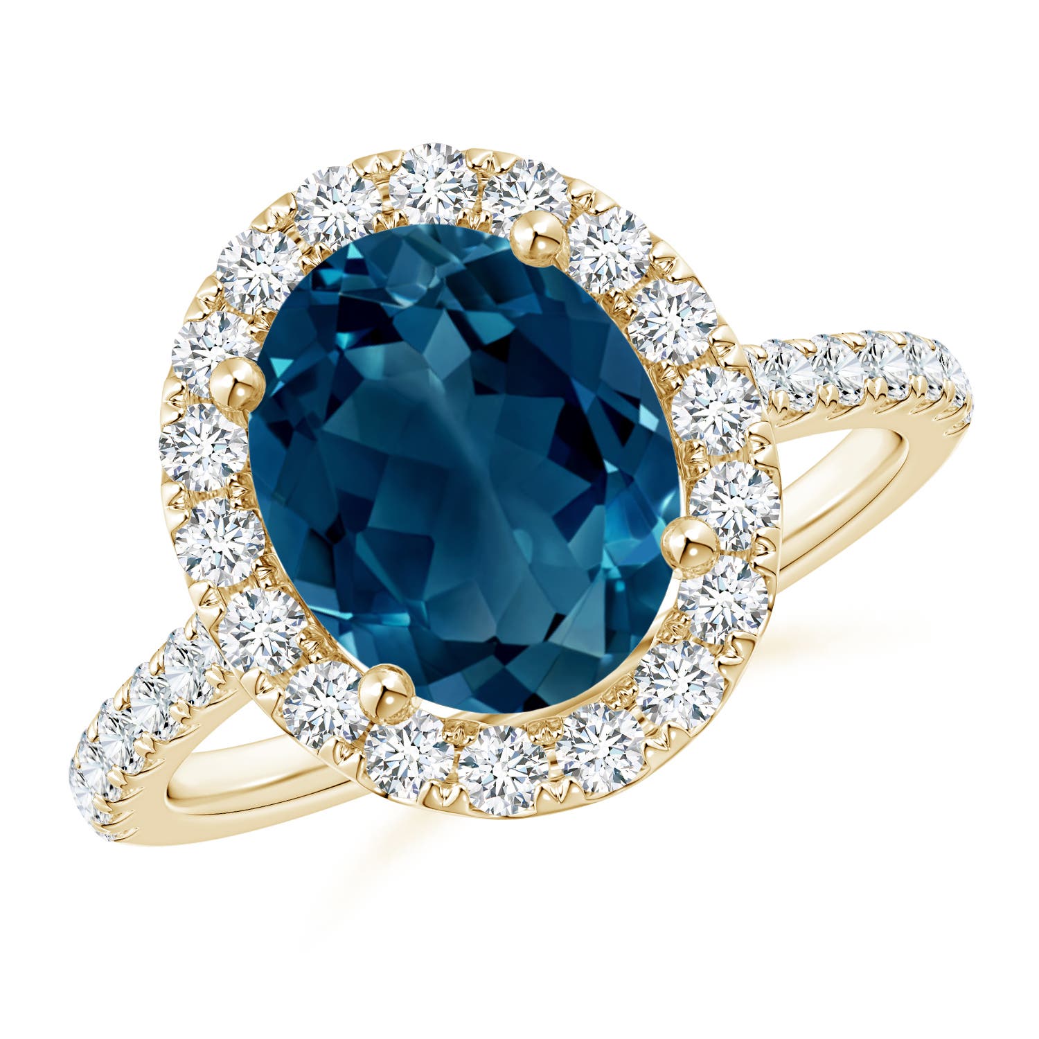 10x8mm AAAA Prong-Set Oval London Blue Topaz Halo Ring with Diamond Accents in 18K Yellow Gold