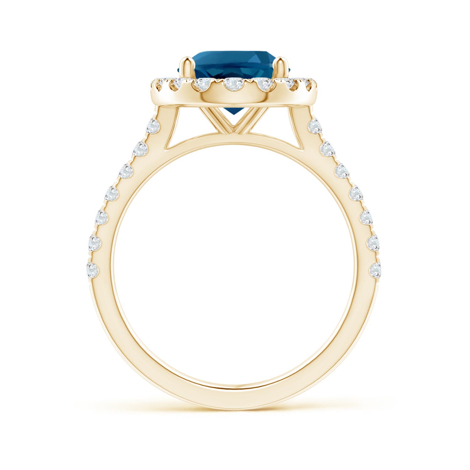 10x8mm AAAA Prong-Set Oval London Blue Topaz Halo Ring with Diamond Accents in 18K Yellow Gold
