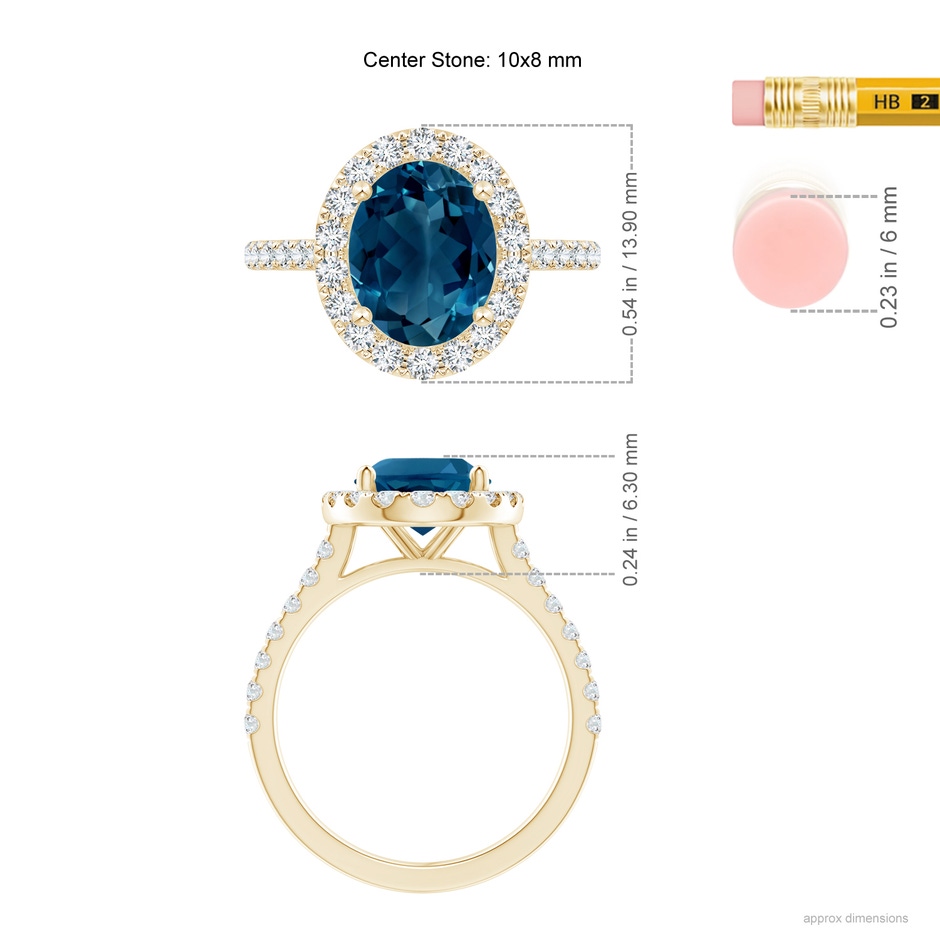 10x8mm AAAA Prong-Set Oval London Blue Topaz Halo Ring with Diamond Accents in 18K Yellow Gold ruler