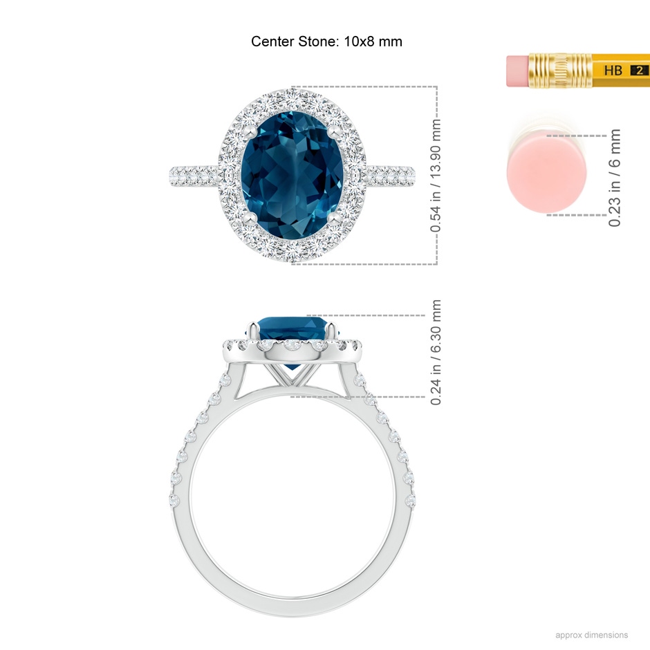 10x8mm AAAA Prong-Set Oval London Blue Topaz Halo Ring with Diamond Accents in P950 Platinum ruler