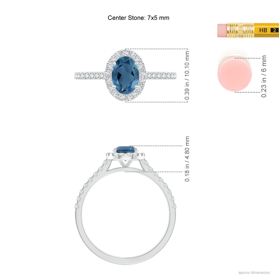 7x5mm A Prong-Set Oval London Blue Topaz Halo Ring with Diamond Accents in P950 Platinum ruler