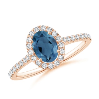 7x5mm A Oval London Blue Topaz Halo Ring with Diamond Accents in Rose Gold