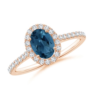 7x5mm AA Oval London Blue Topaz Halo Ring with Diamond Accents in Rose Gold