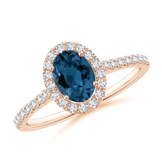 7x5mm AAA Oval London Blue Topaz Halo Ring with Diamond Accents in 9K Rose Gold