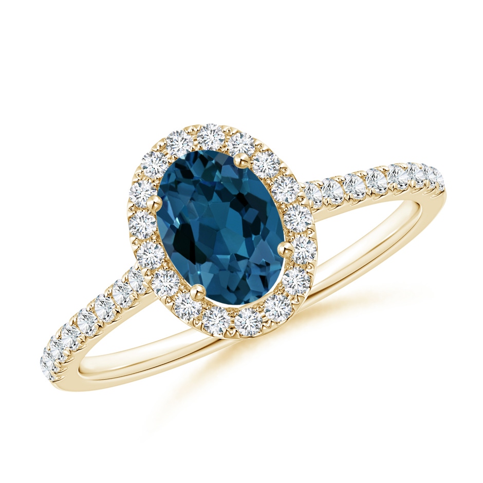 7x5mm AAA Prong-Set Oval London Blue Topaz Halo Ring with Diamond Accents in Yellow Gold 