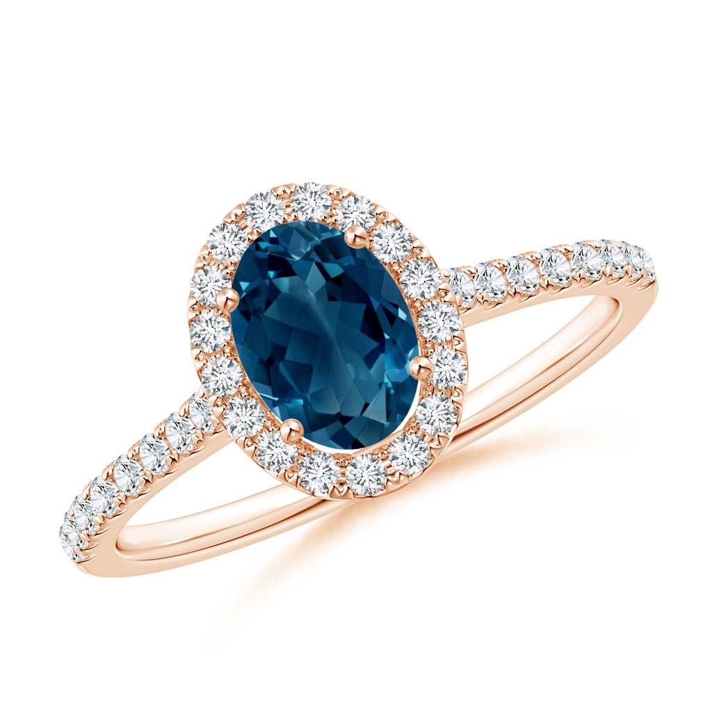 7x5mm AAAA Oval London Blue Topaz Halo Ring with Diamond Accents in Rose Gold