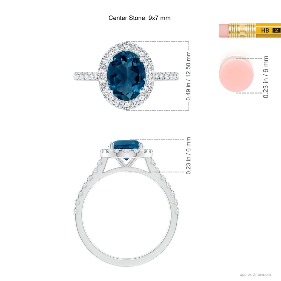 9x7mm AAAA Prong-Set Oval London Blue Topaz Halo Ring with Diamond Accents in White Gold ruler